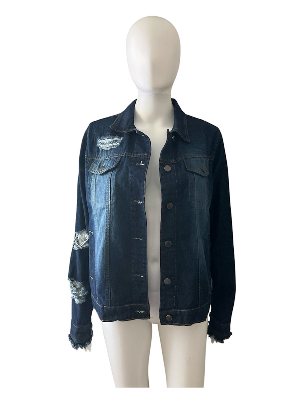 Women's Distressed Dark Blue Denim Jacket - Casual Jean Coat